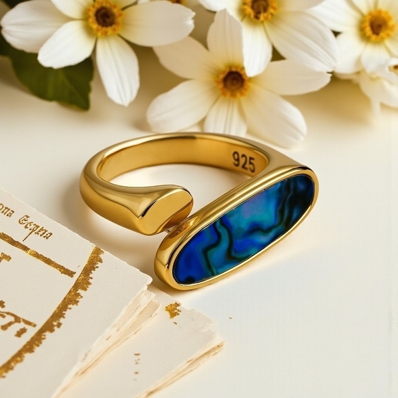 Boho Chic Adjustable Ring Abalone Shell 18K Gold Plated S925 Sterling Silver - Picture 5 of 13